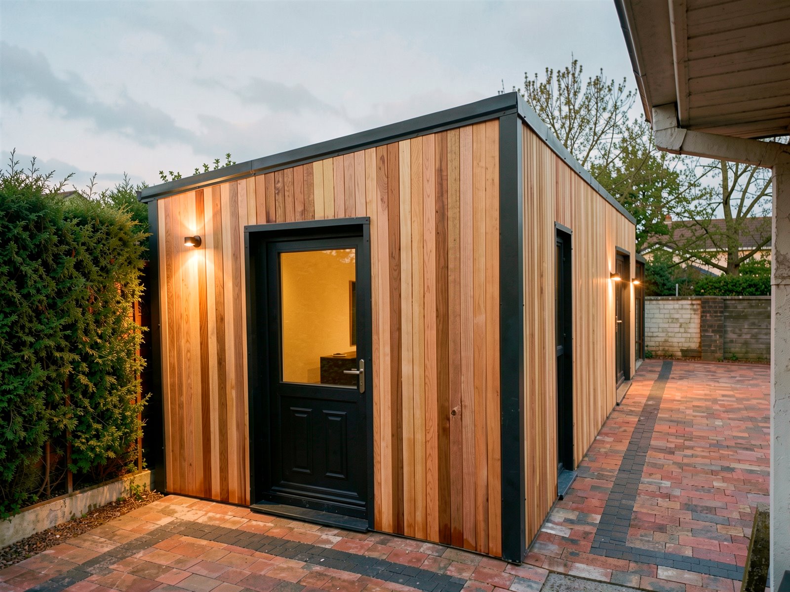 Design visual of the cedar studio at dusk with warm lighting