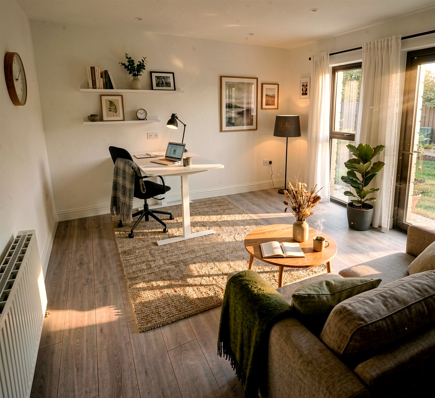 Design visual of the same room planned with a desk, sofa, storage and lighting
